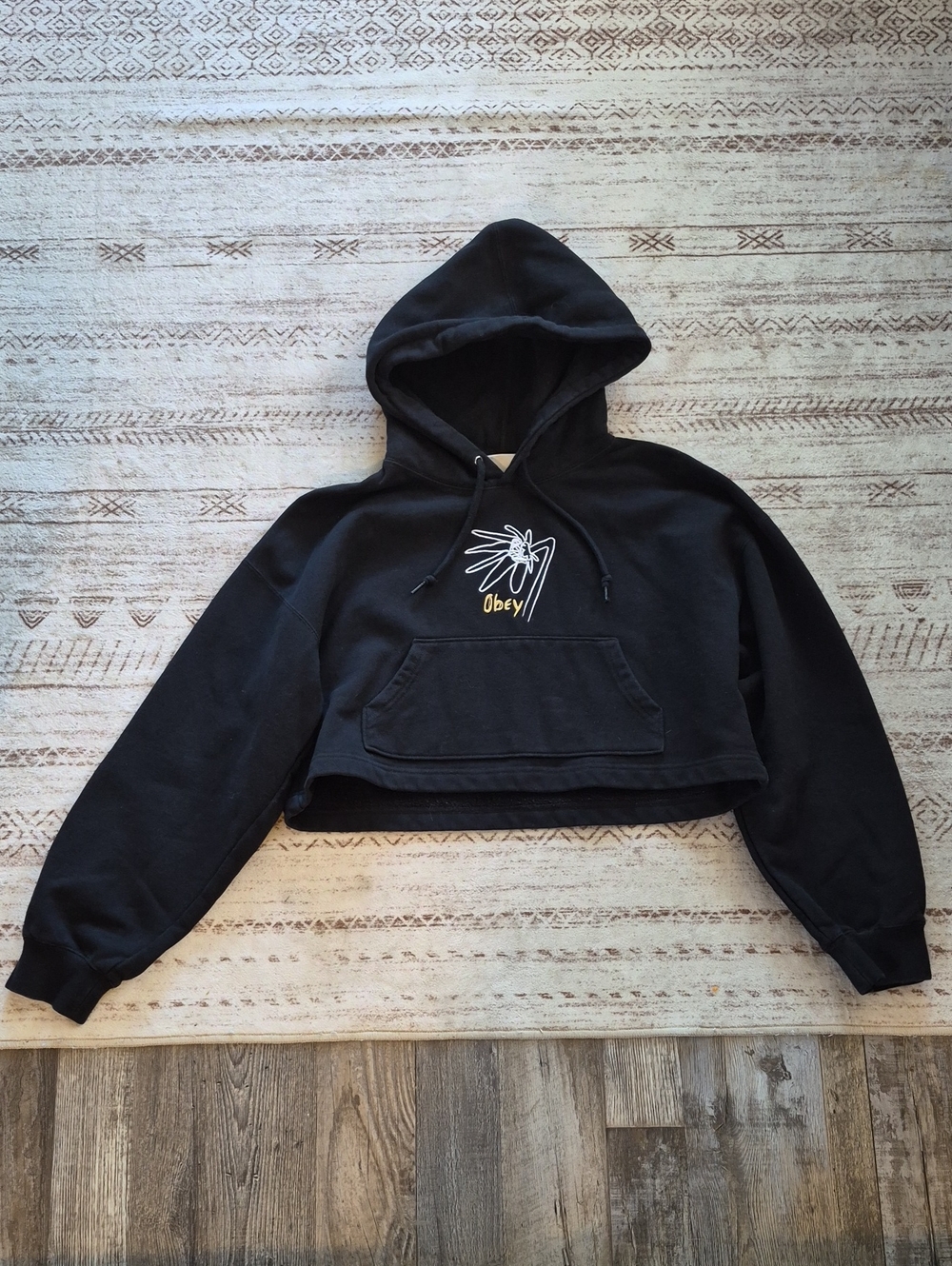 Obey Black Cropped Hoodie with Palm Graphic